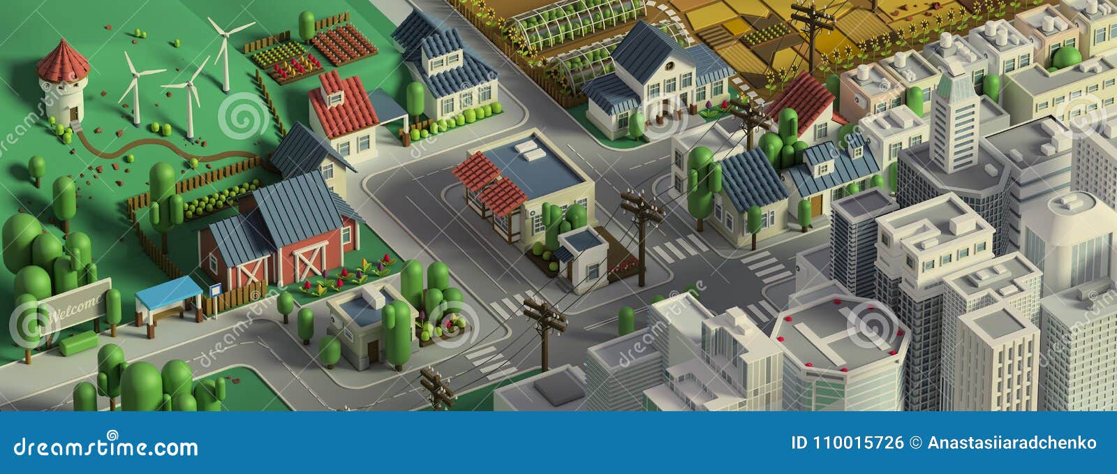 3d Rendering Of Low Poly Isometric City Cartoon Landscape Stock