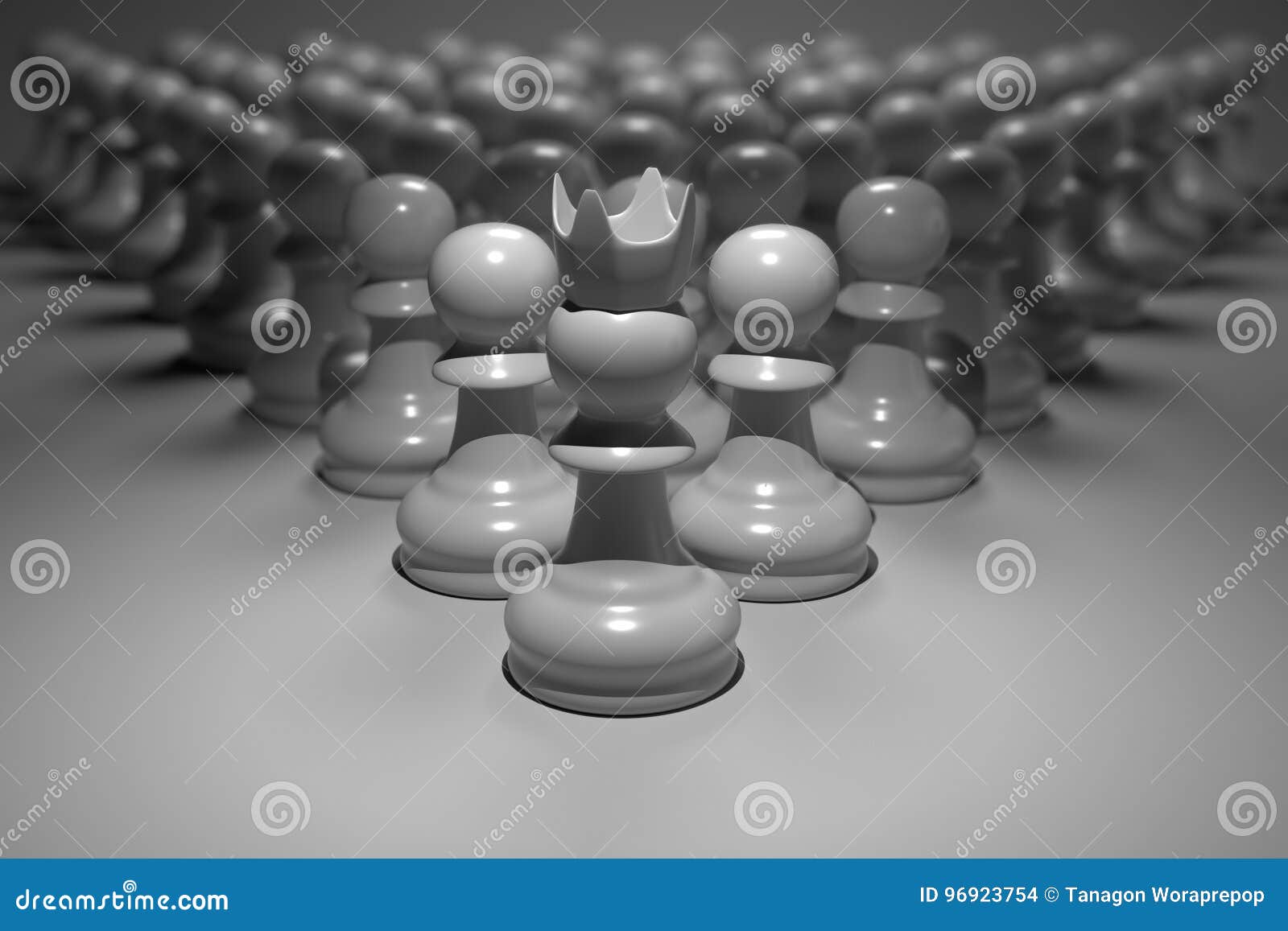 3D Rendering Front View of Many Pawn Chess with Leader in Front of