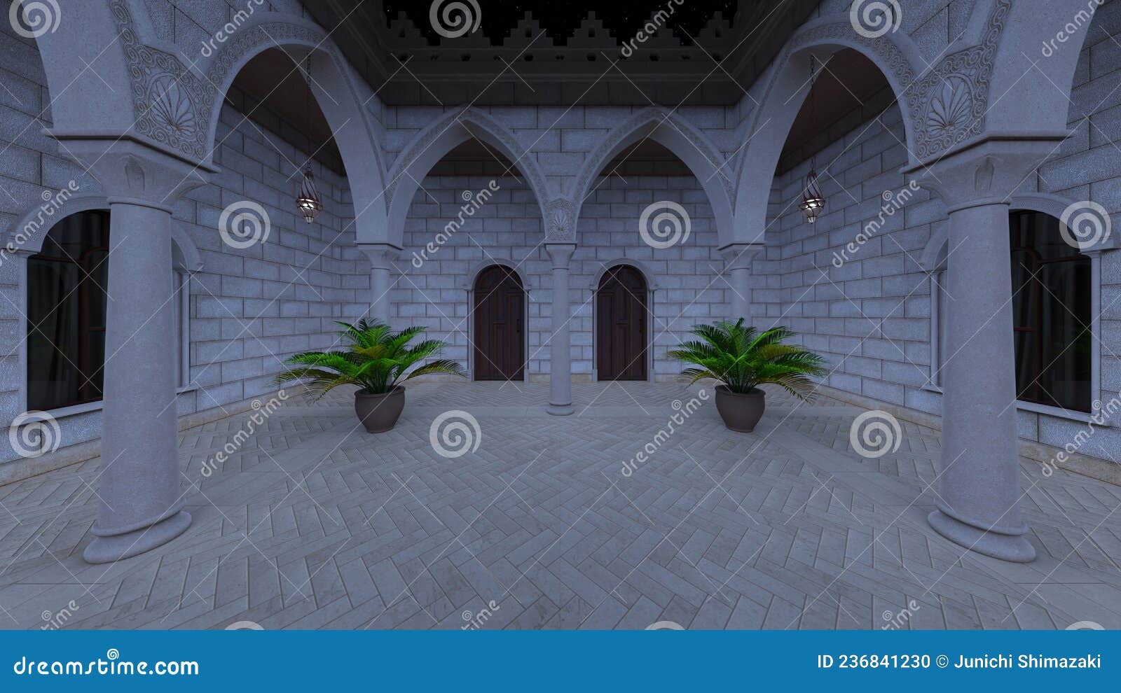 3D Rendering of the Cobblestone Courtyard Stock Illustration
