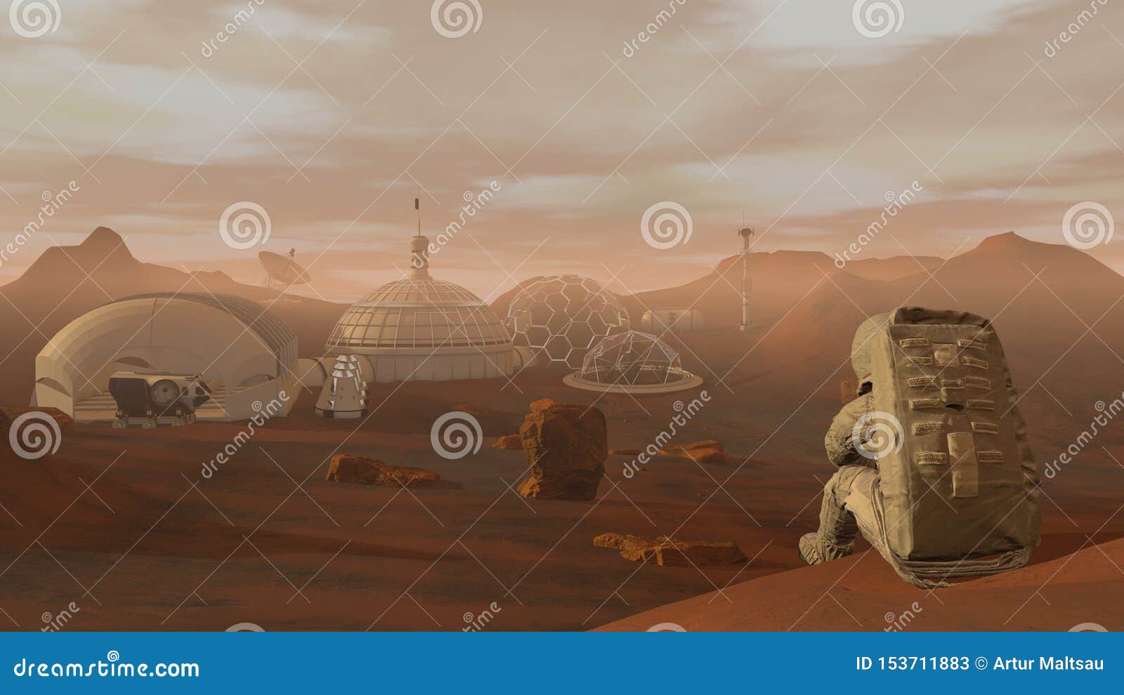 3d rendering. colony on mars. astronaut sitting on mars and admiring the scenery. exploring mission to mars. futuristic