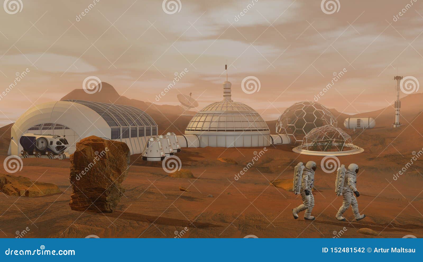 3d rendering. colony on mars. two astronauts wearing space suit walking on the surface of mars