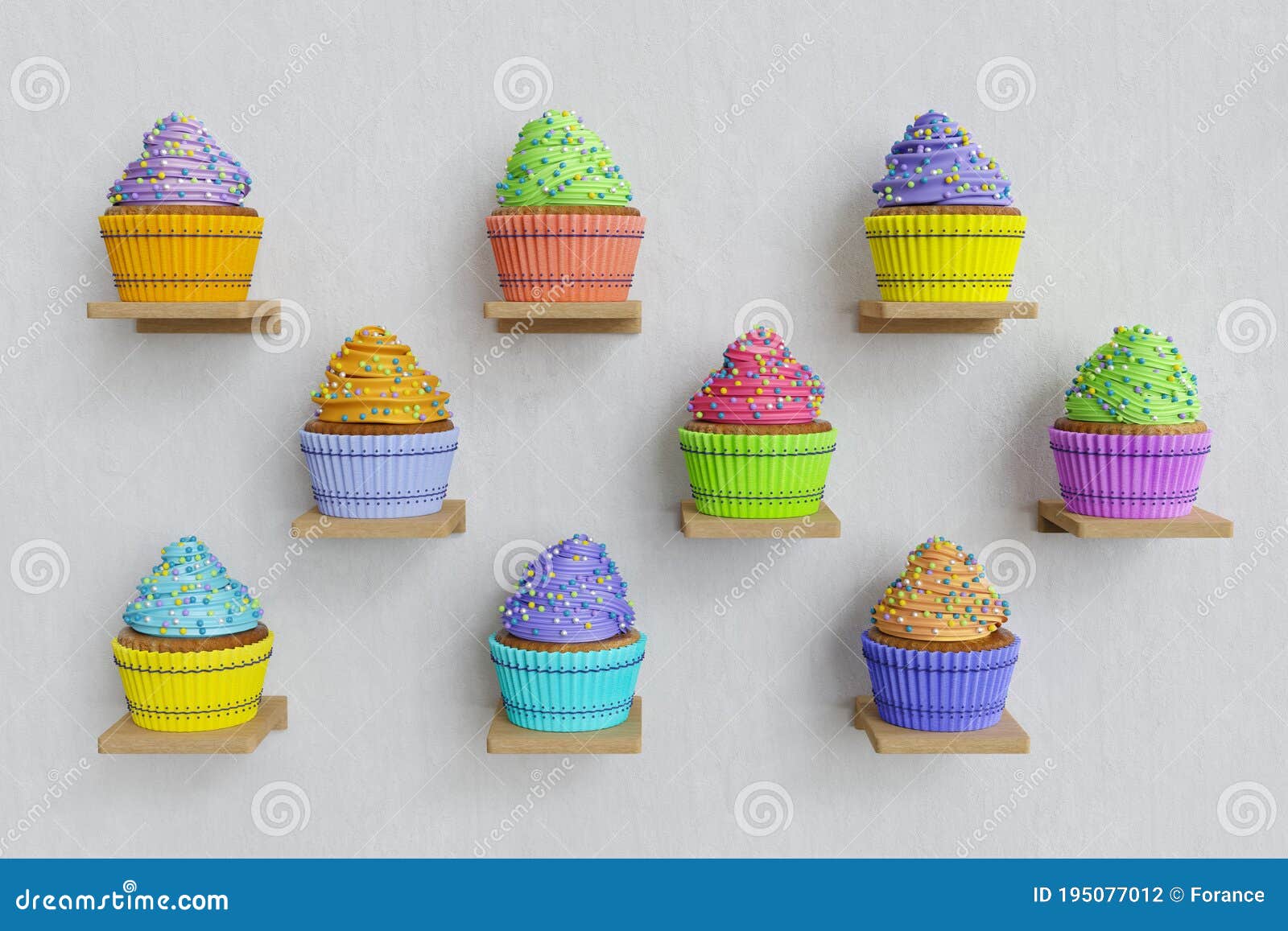 3D Rendering of Color Cupcakes on Shelves Stock Illustration