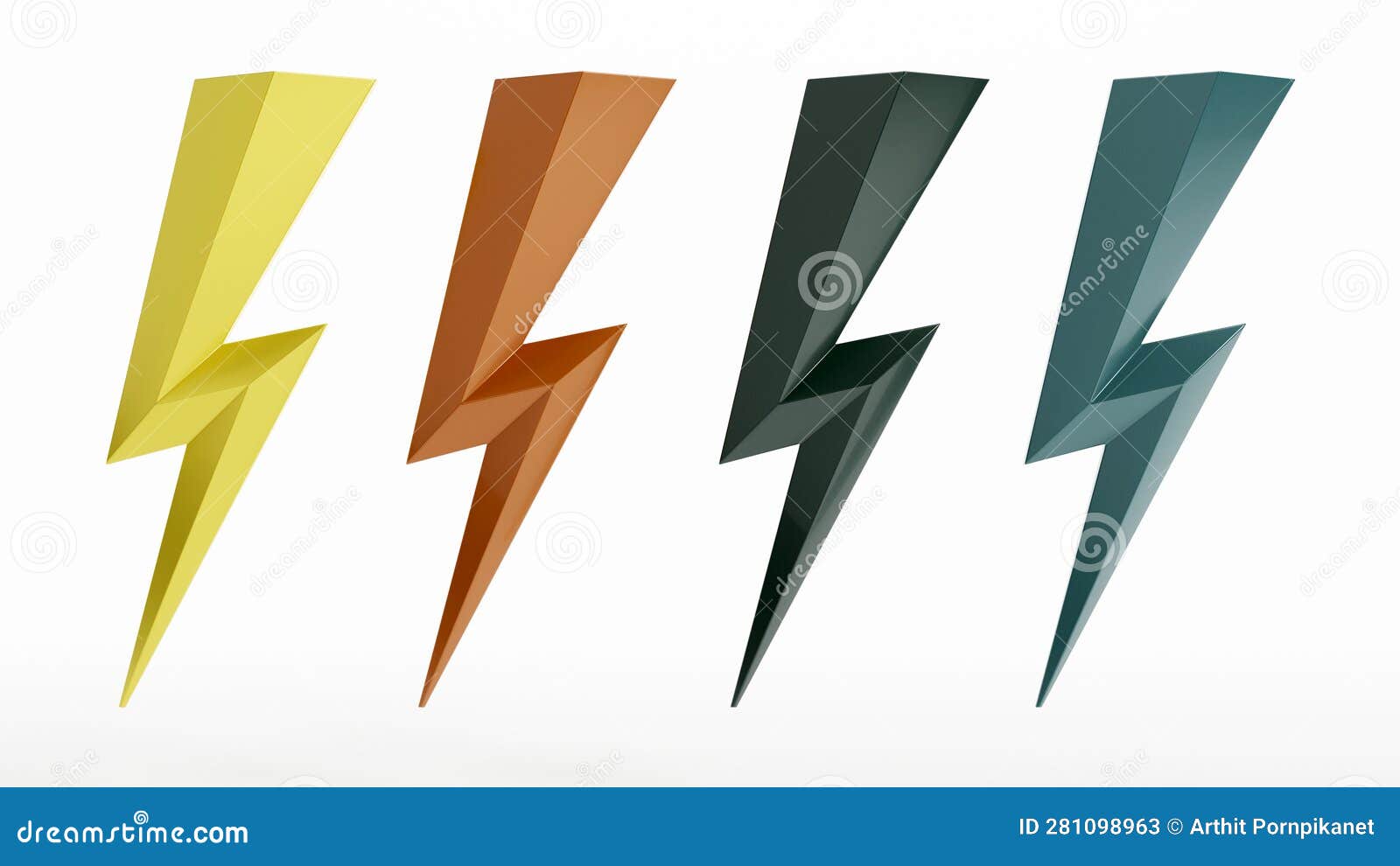 3d rendering of colorful thunder and bolt lighting fash icons set, thunderbolt  icon on  white background