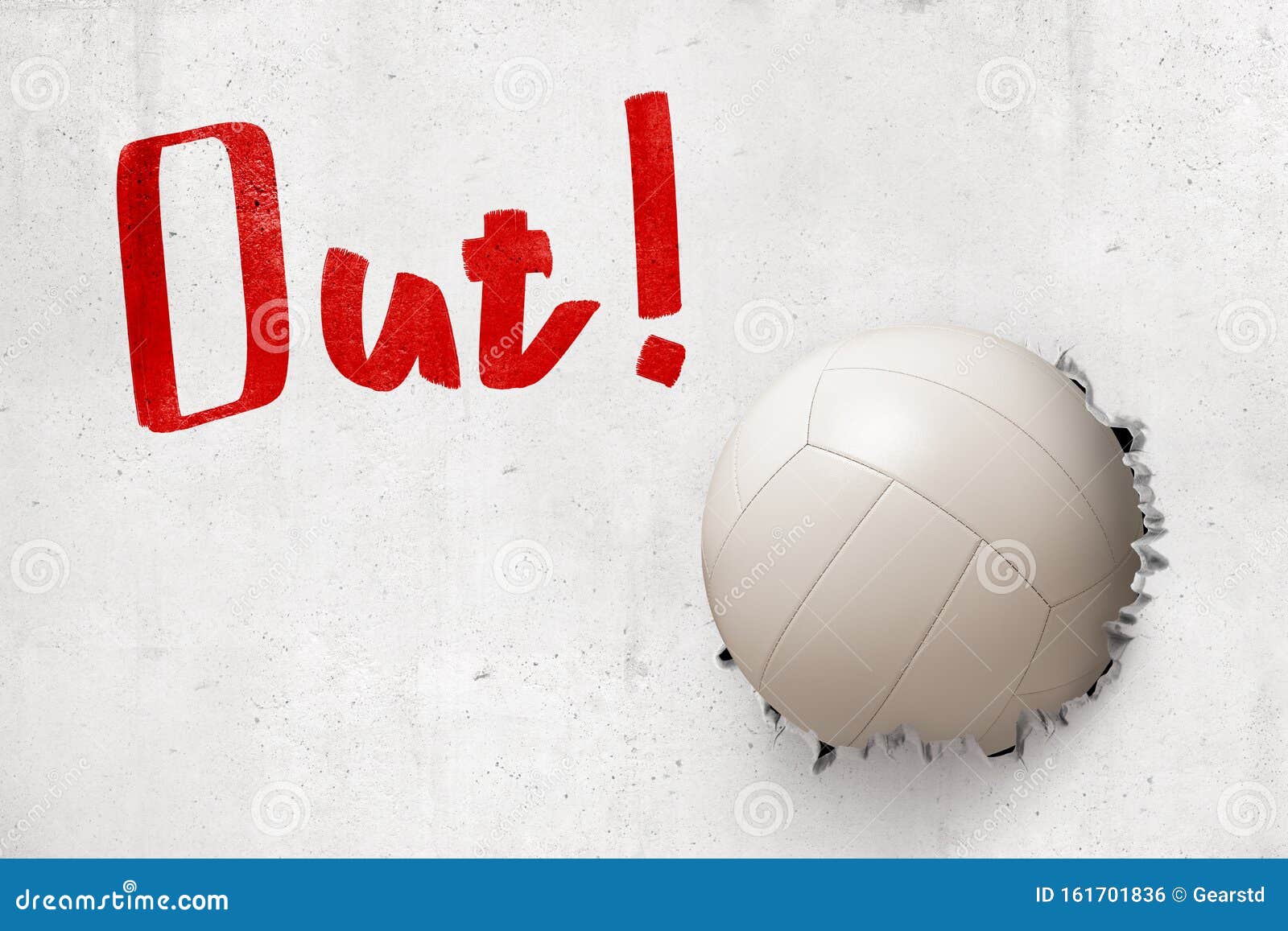 3d Rendering of Concrete Wall with Title `Out` and White Volleyball