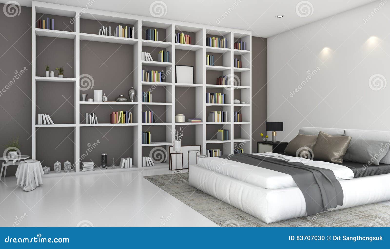 3d Rendering Contemporary Colorful Bedroom With Built In Bookshelf