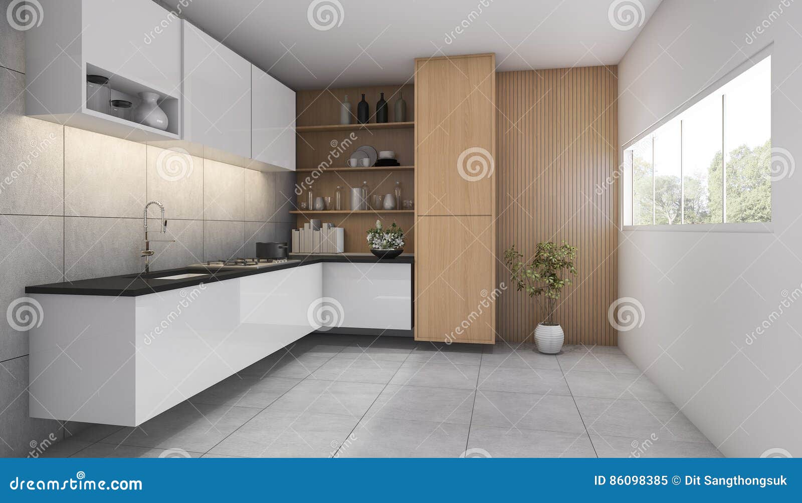 3d Rendering Contemporary Wood Kitchen with Window Stock Illustration