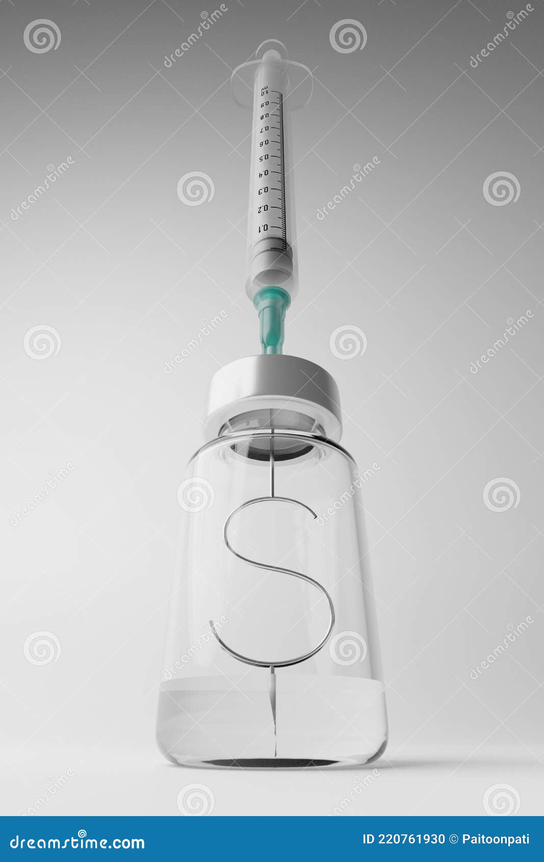 3d rendering covid-19 vaccine syringe with currency  dollar in bottle revive economy vaccination campaign herd immunity prot