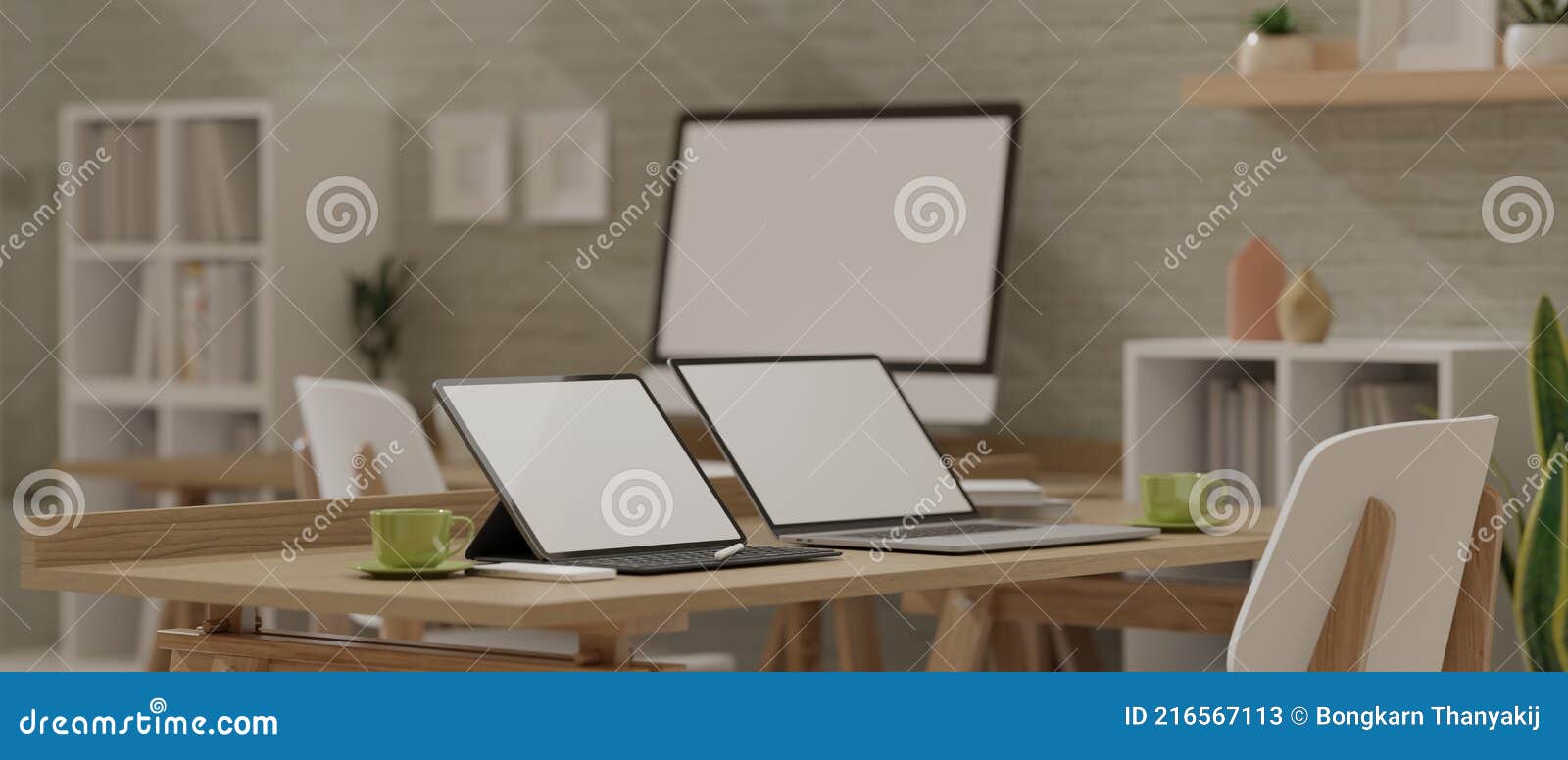 3D Rendering, Cozy Office Room Interior Design with Two Laptops, Computer, Office Supplies and