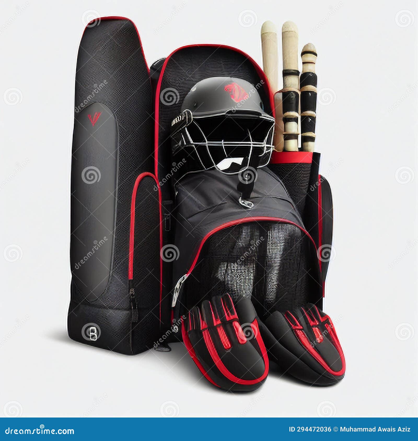 3D Rendering Cricket Bag with Balls and a Cricket Bat Stock