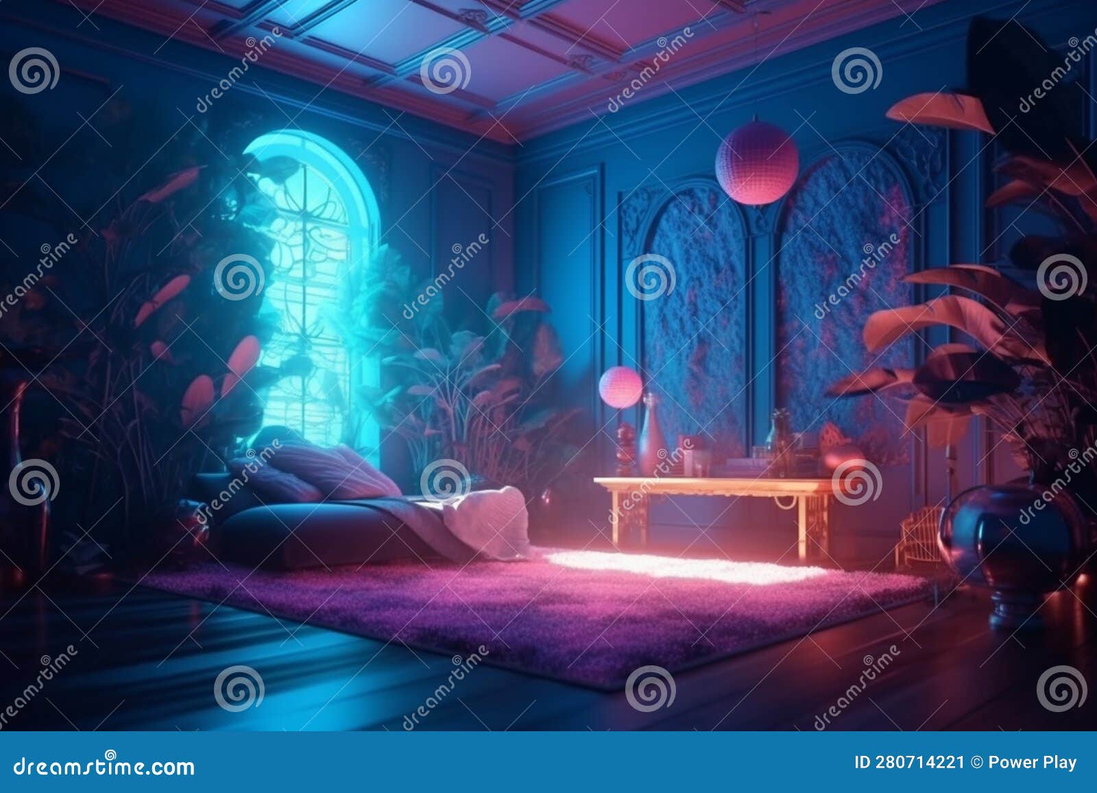 3D Rendering of a Dark Room with Neon Lights and a Table Generative Ai