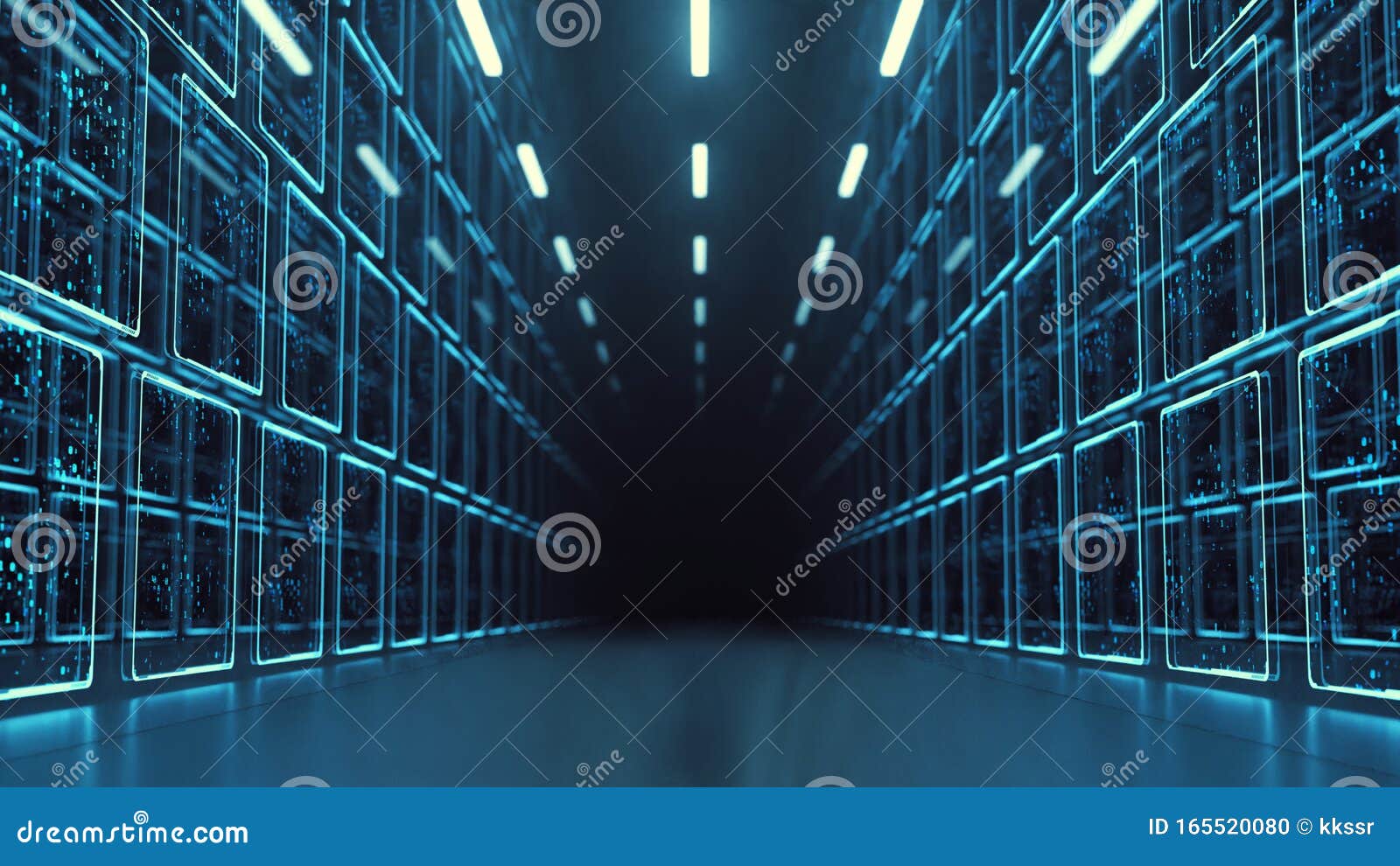 3d rendering of data center room with abstract data servers and glowing led binary, abstract network and ceiling lights.
