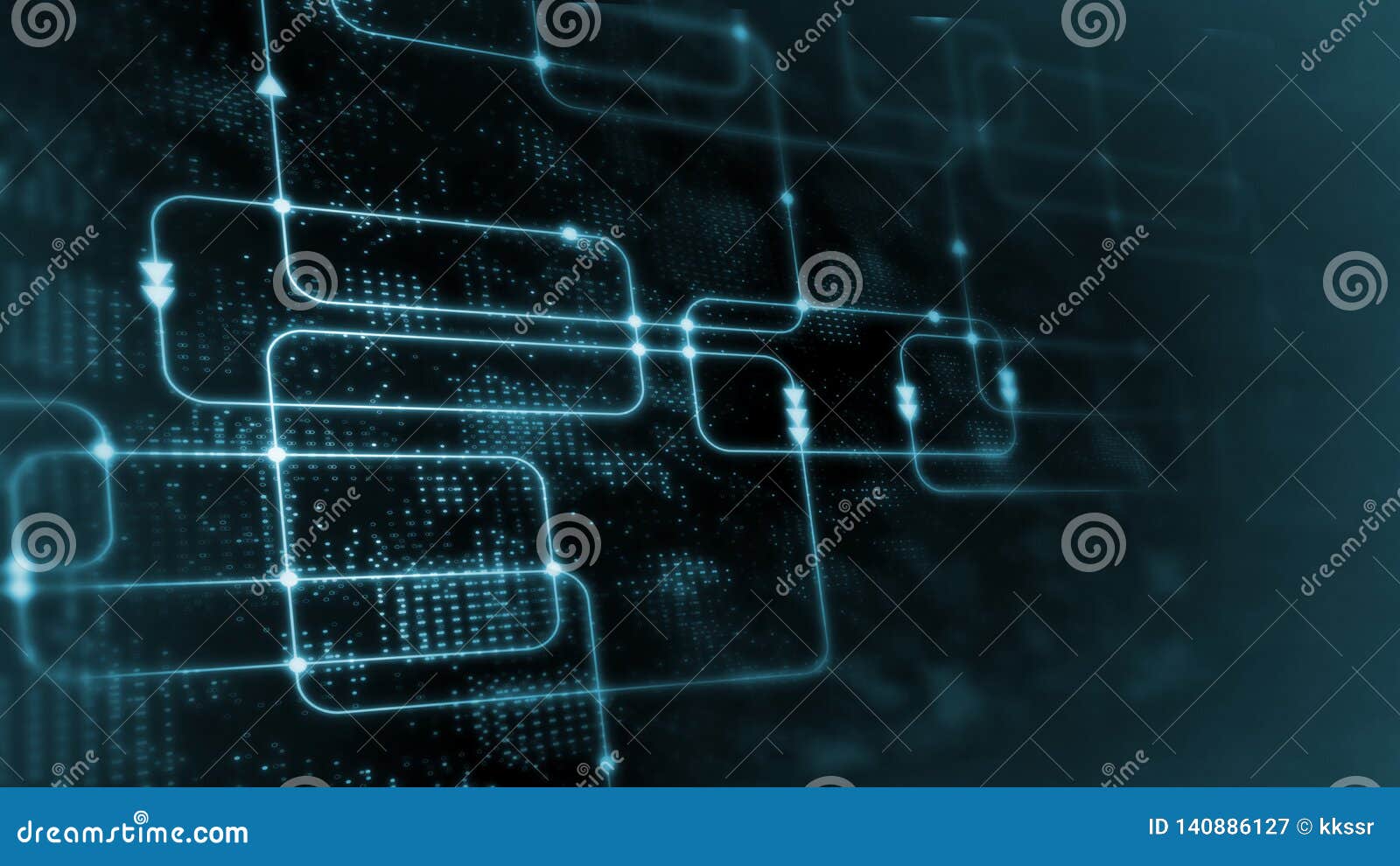 3d rendering of digital abstract technology. blue color computer software flow chart on data science system diagram background.