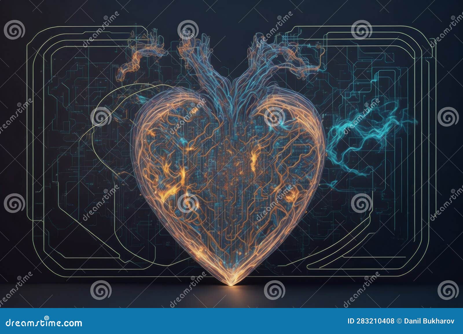 3d Rendering of Digital Heart with Electrical Circuit. Human Heart