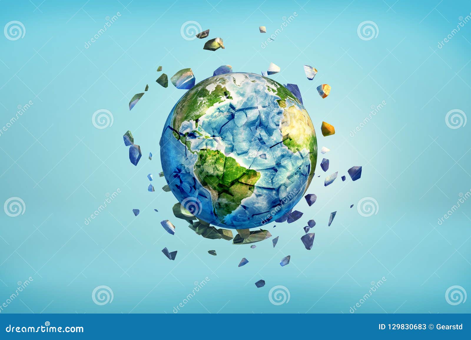3d rendering of earth globe getting crushed into small pieces with the cracked parts flying away.