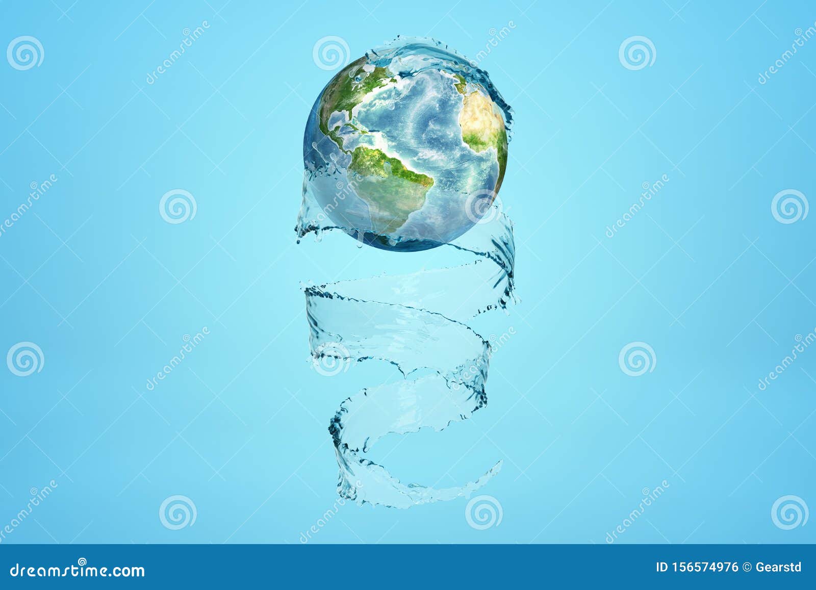 3d rendering of earth and transparent whirlpool wrapping itself around it like ribbon on blue background.
