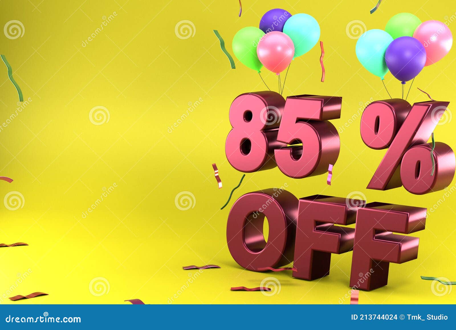3d rendering of eighty five percent off, different ballon color and yellow theme