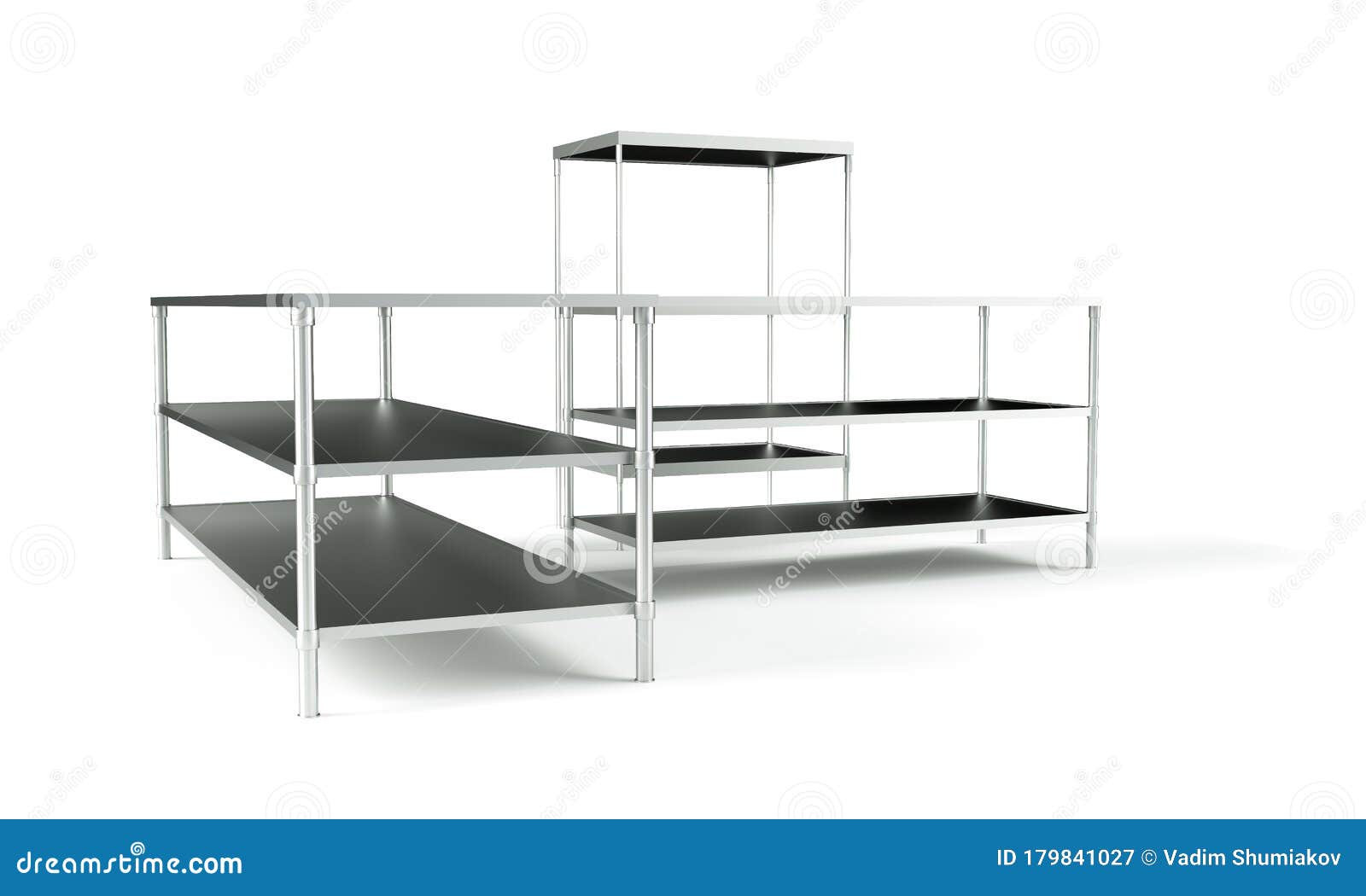 3d rendering of empty metal rack shelves  on white background. industrial warehouses. packaging and storage. digital art