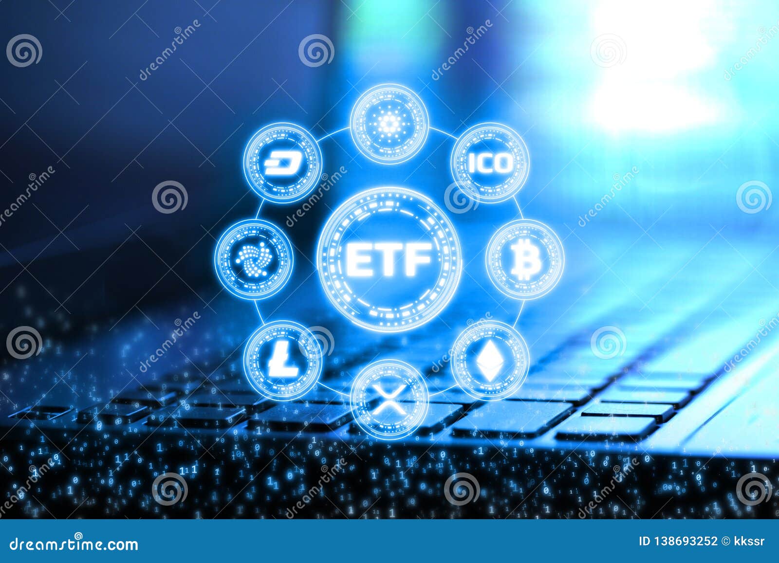 3D Rendering of ETF Exchange Traded Fund and Digital Binary Numbers