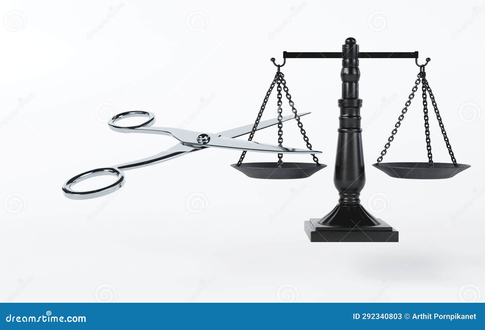3d rendering of fair scales and scissors on a white background, inequality arises, not justice 