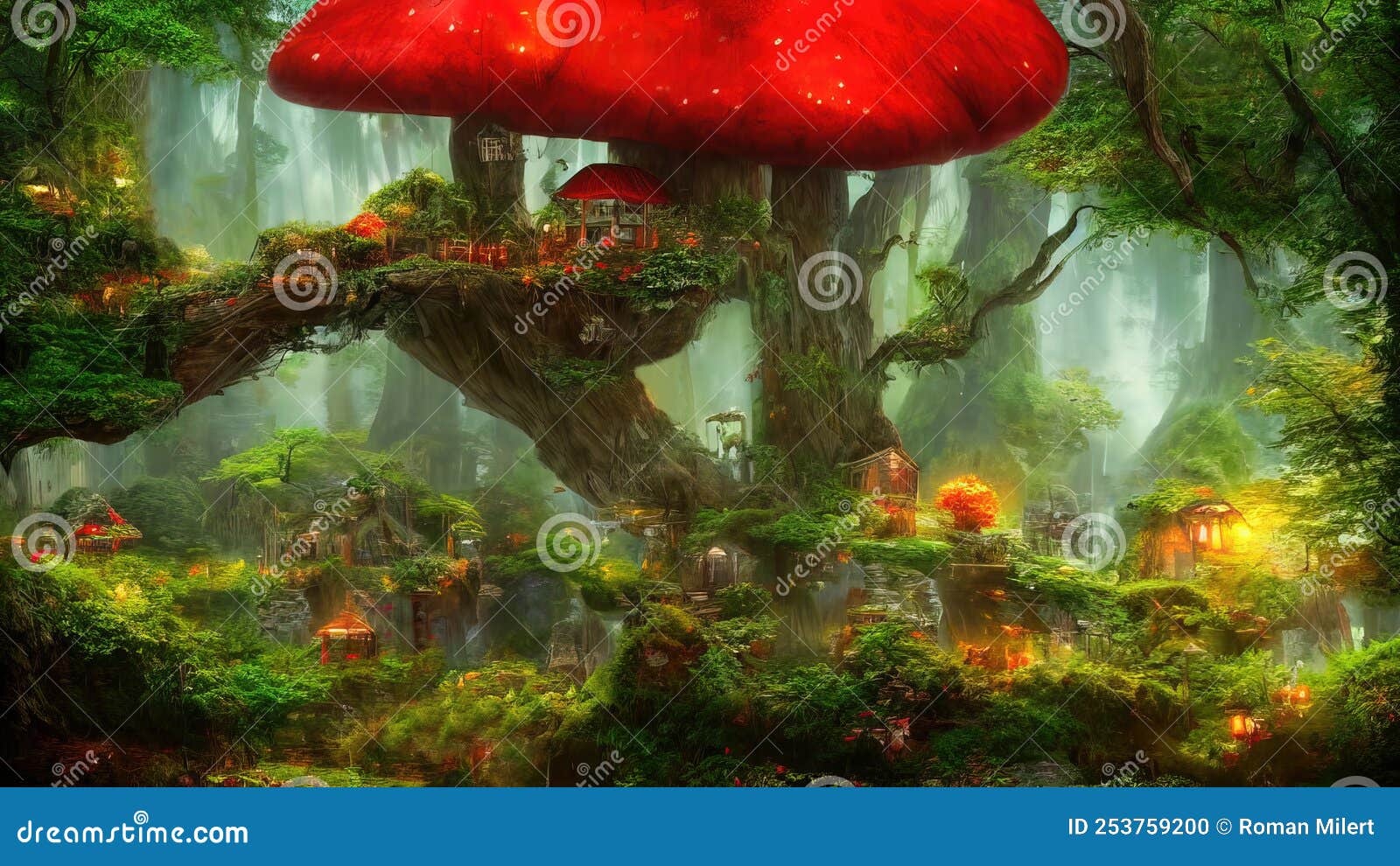 fantasy little mushroom-like cottages in magical forest