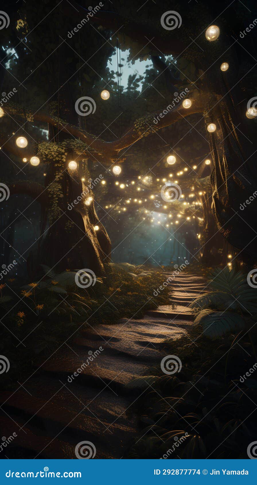 3d rendering of a fantasy forest with a path and fairy lights