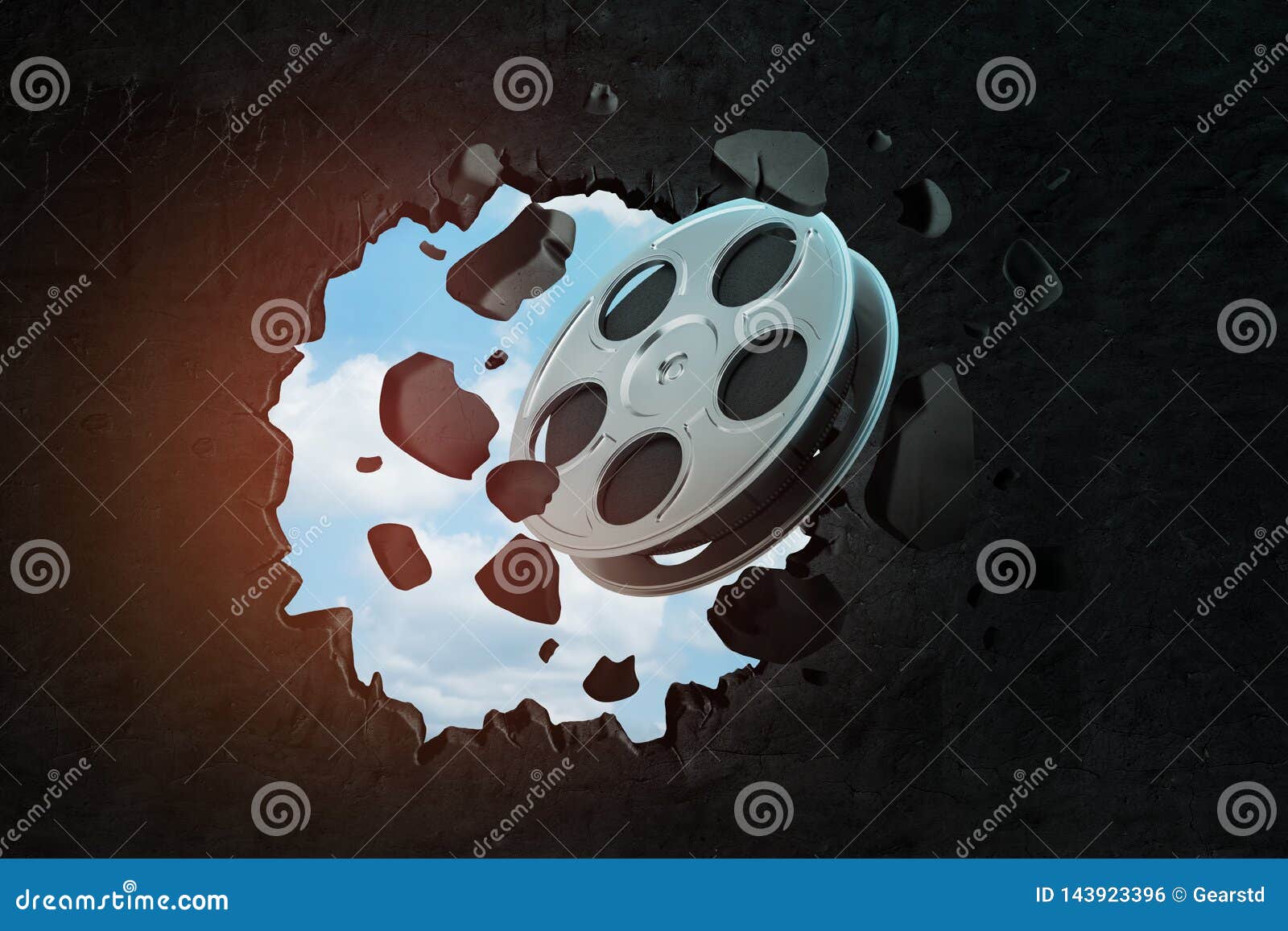 3d Rendering of Film Tape Breaking through Black Wall Stock