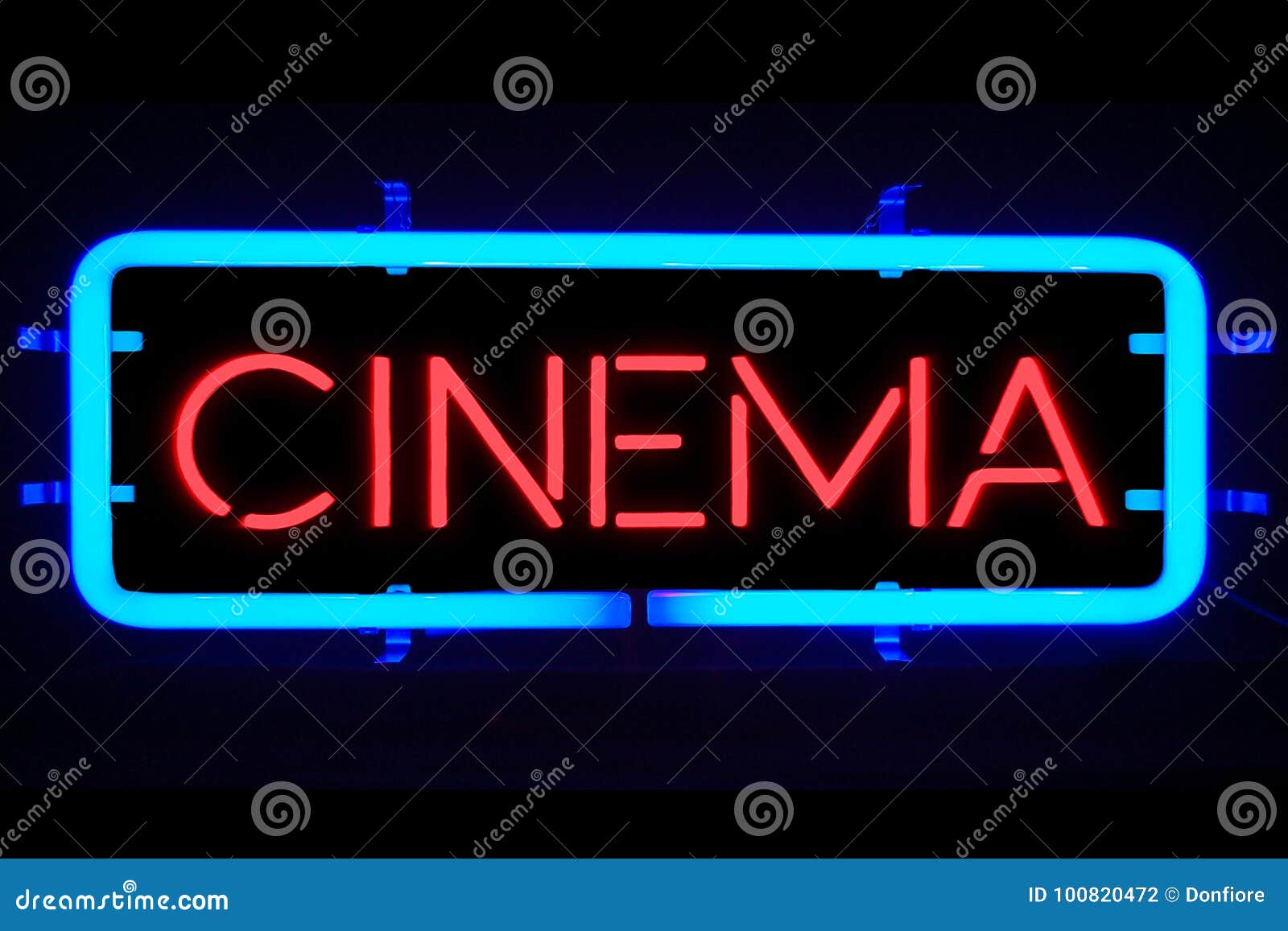 3d rendering flickering blinking red blue neon sign on black background, cinema movie film entertainment sign