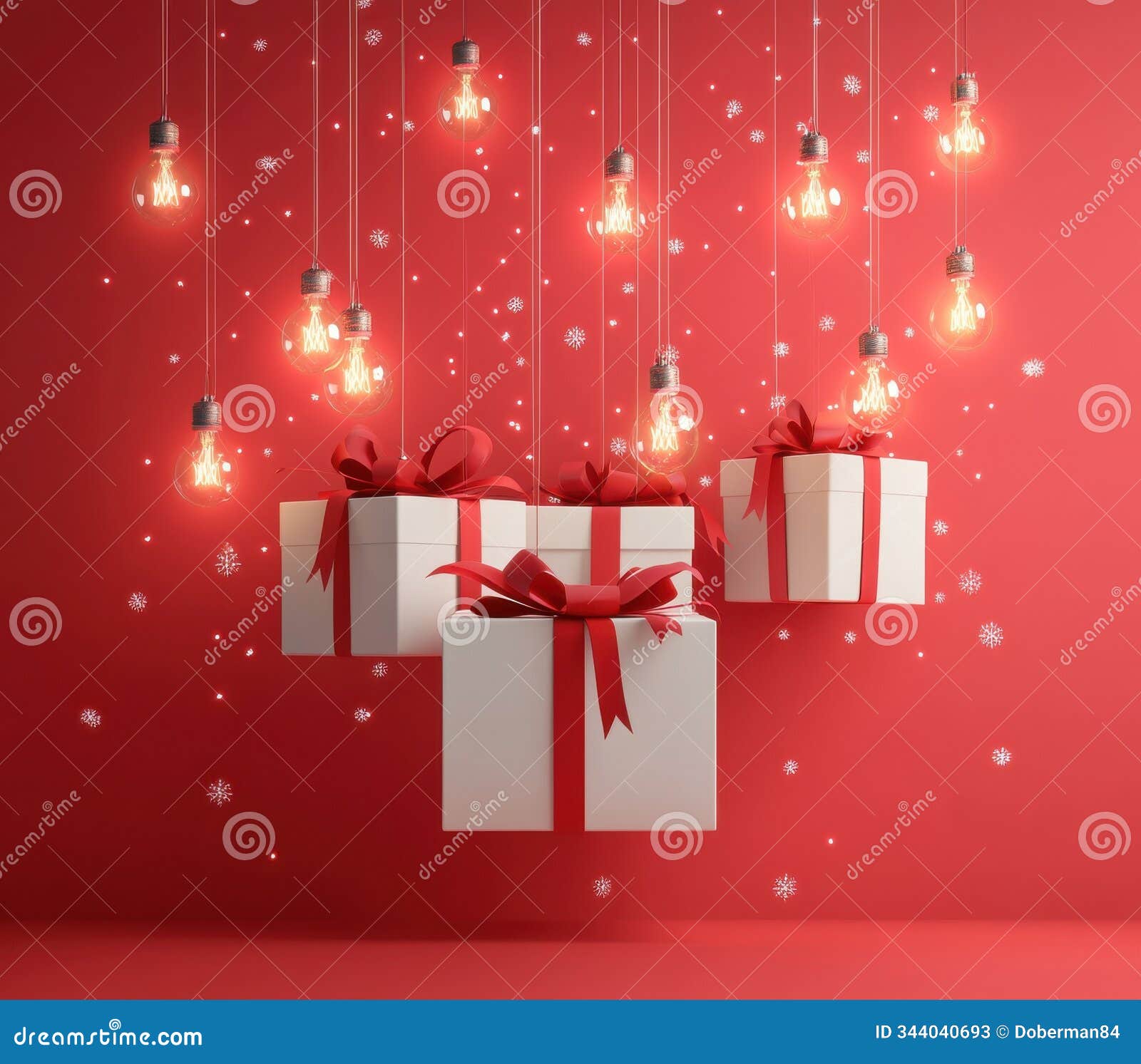 3d rendering of floating gift boxes with red ribbons and glowing bulbs on a pink backdrop