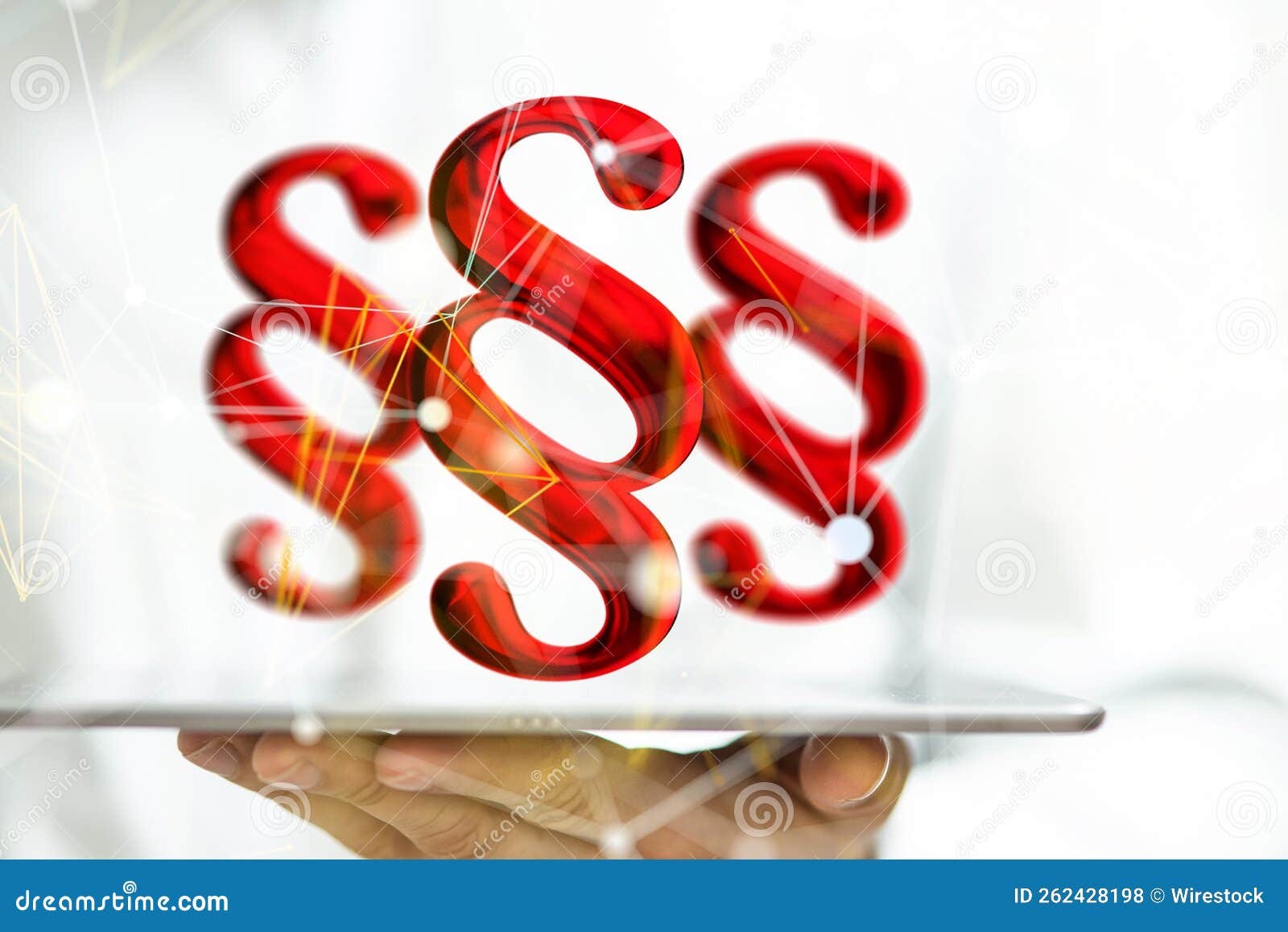 3d rendering of floating paragraph section signs on a man's tablet