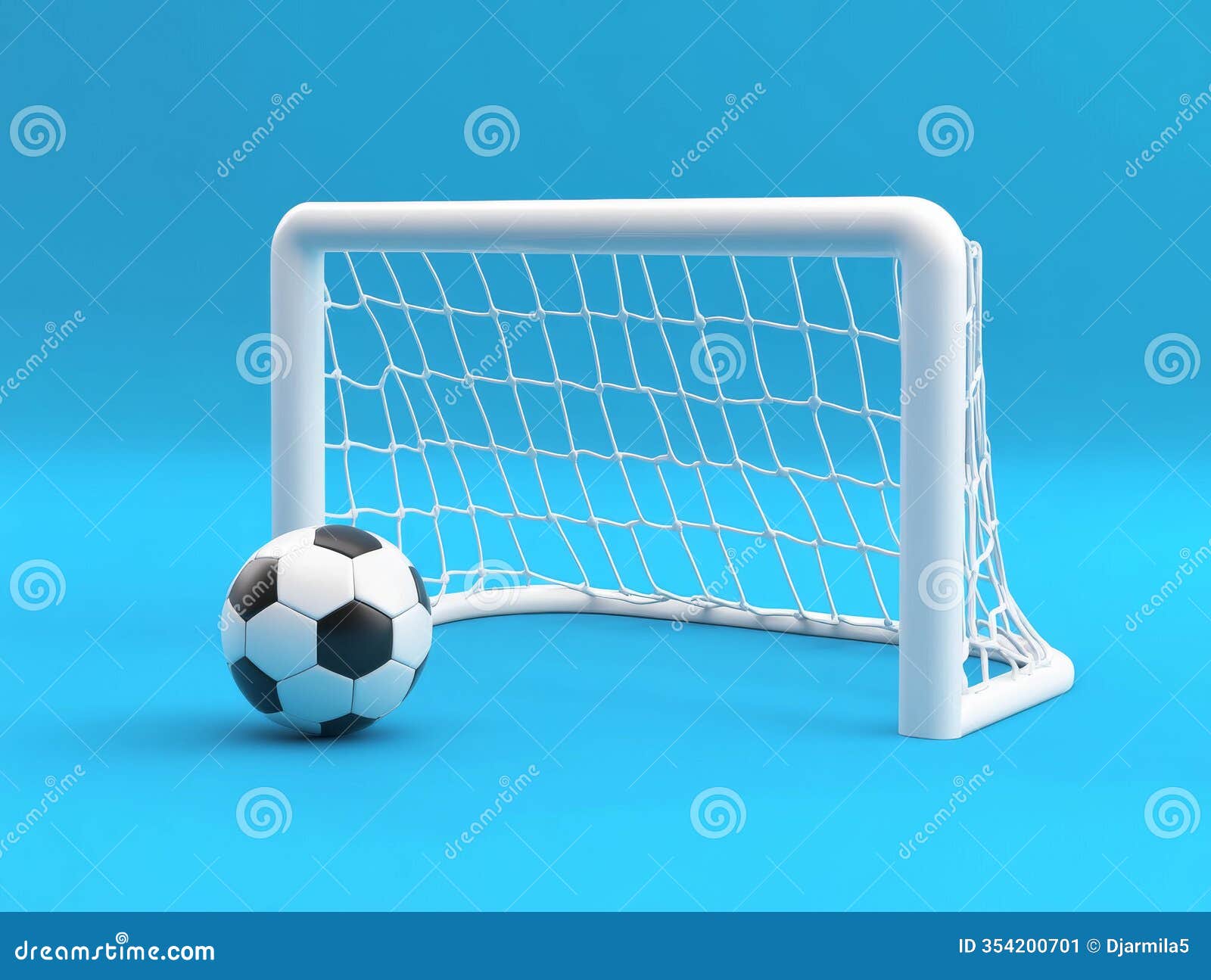 3d rendering of a football goal with a ball,  on a blue background, in an icon  style with soft and rounded forms