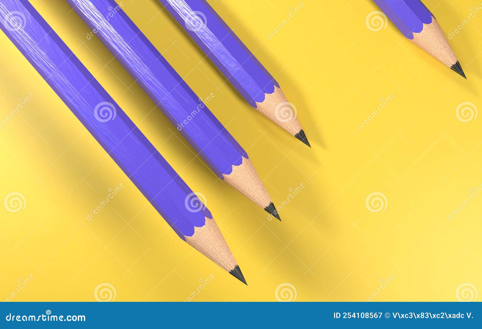 3d Rendering of Four Blue Pencils on a Yellow Background Stock