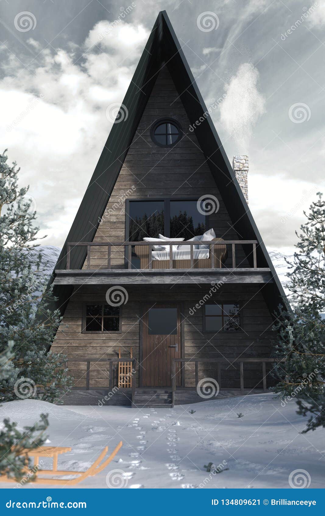 3d Rendering of a-frame Wooden Cabin in Snowy Winter Landscape Stock ...
