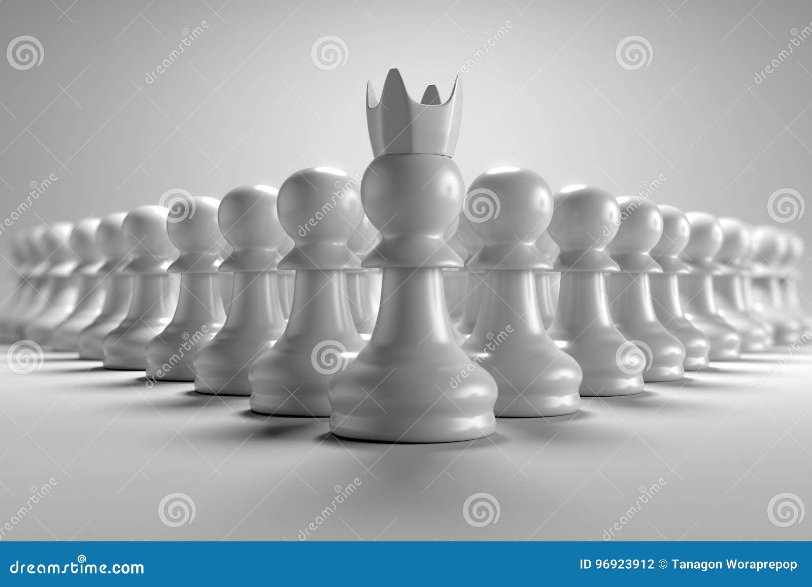 3D Rendering Front View of Many Pawn Chess with Leader in Front of