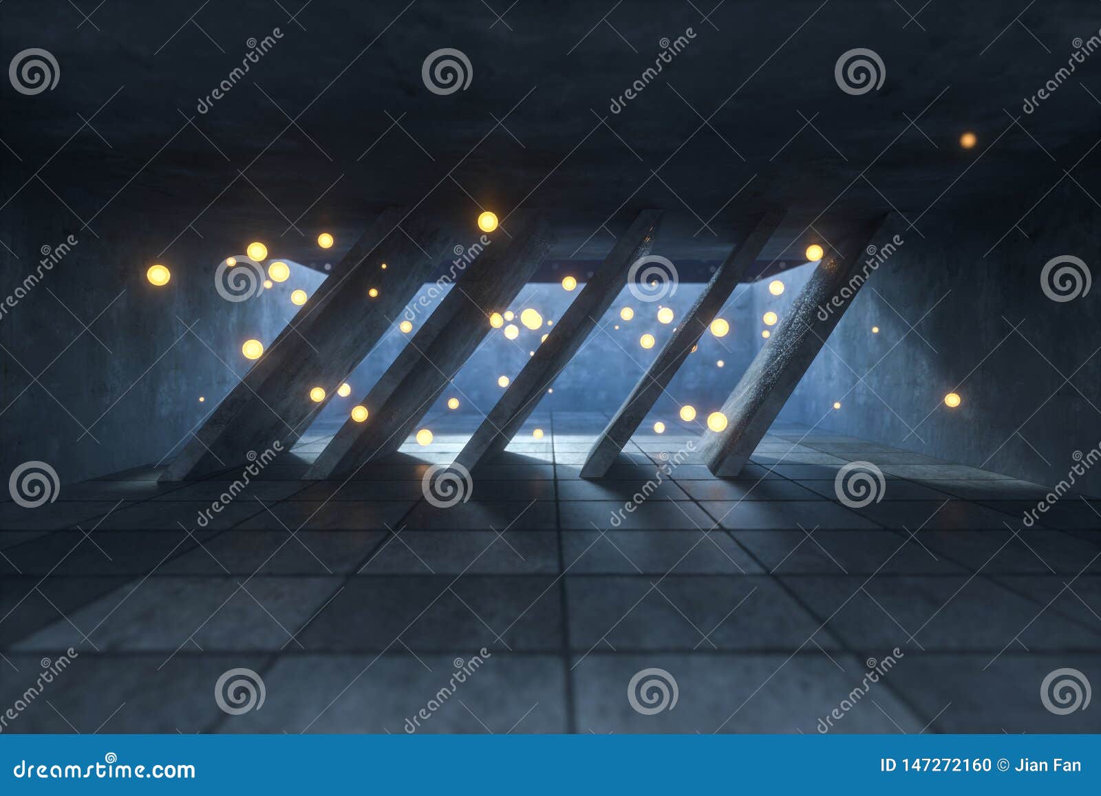 3d rendering, glowing fire fly in abandoned room, dark background