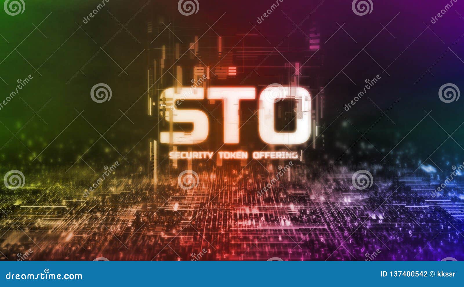 3d rendering of glowing security token offering sto text on abstract binary background. for crypto currency, token promoting,