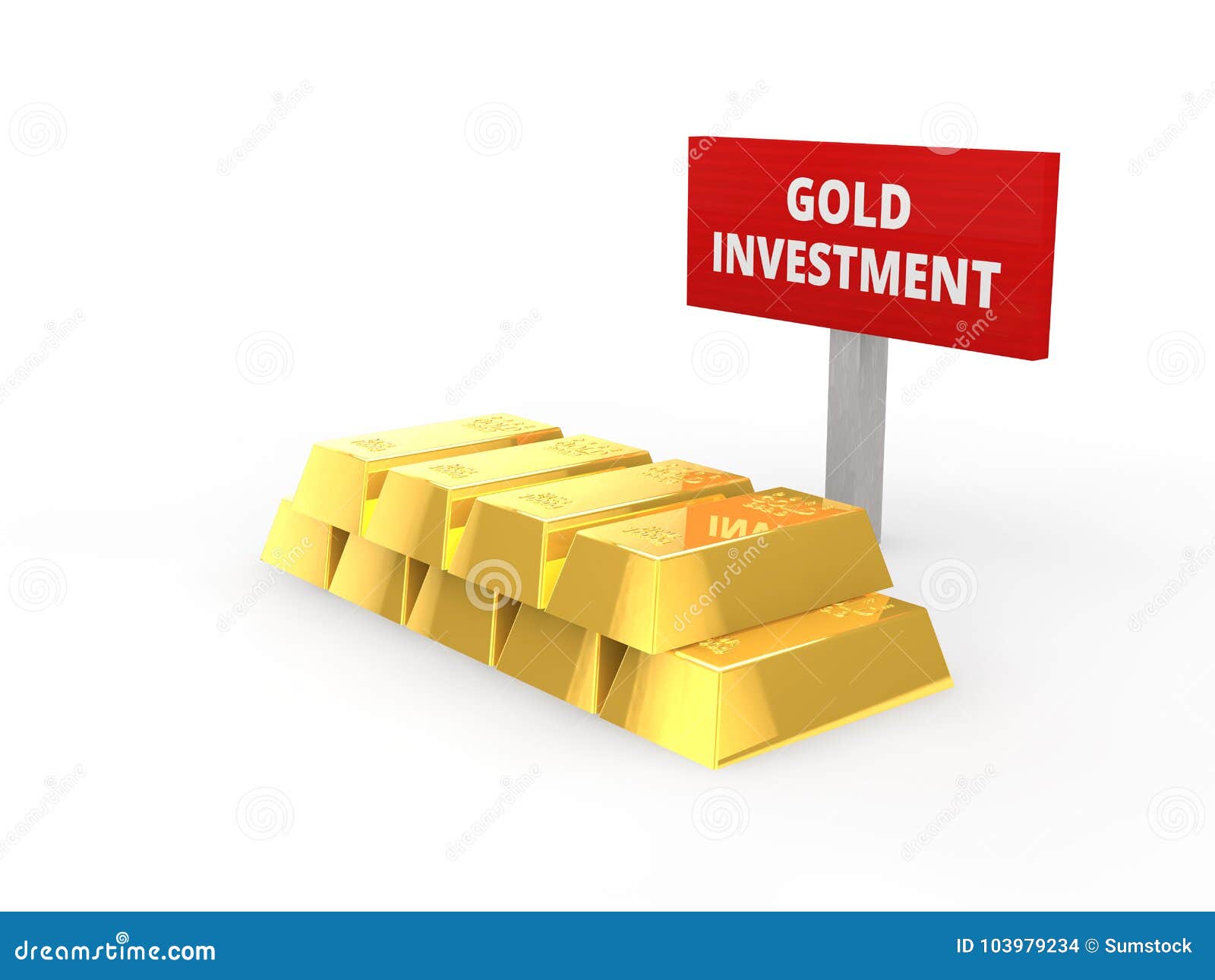 3D Gold Bullion with Signboard Saying `gold Investment` Stock