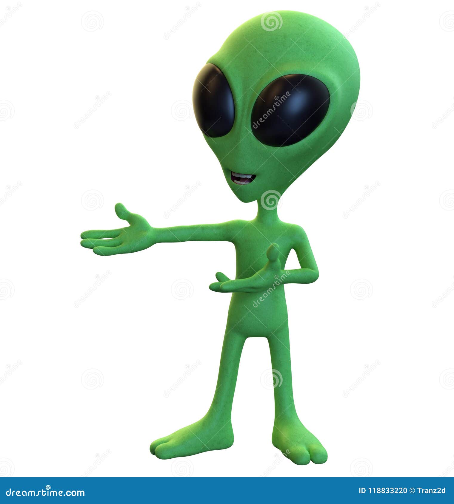 green cartoon alien presenting to the left