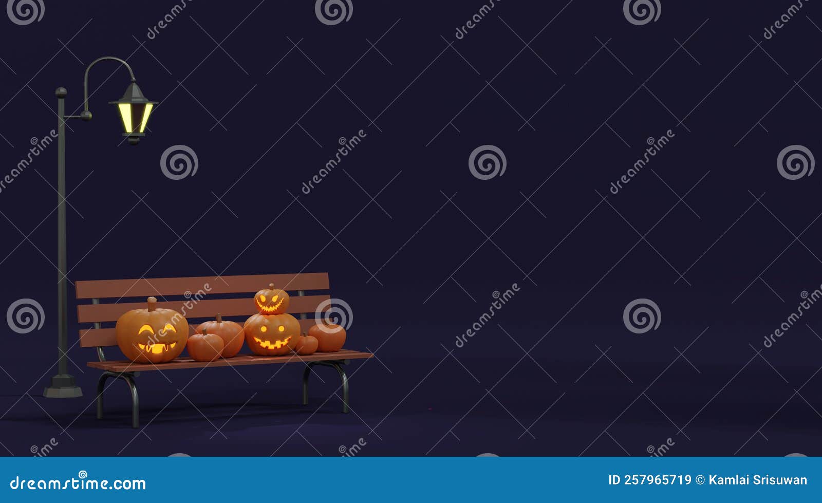 3d Rendering Halloween Background with Pumpink on Bench Stock