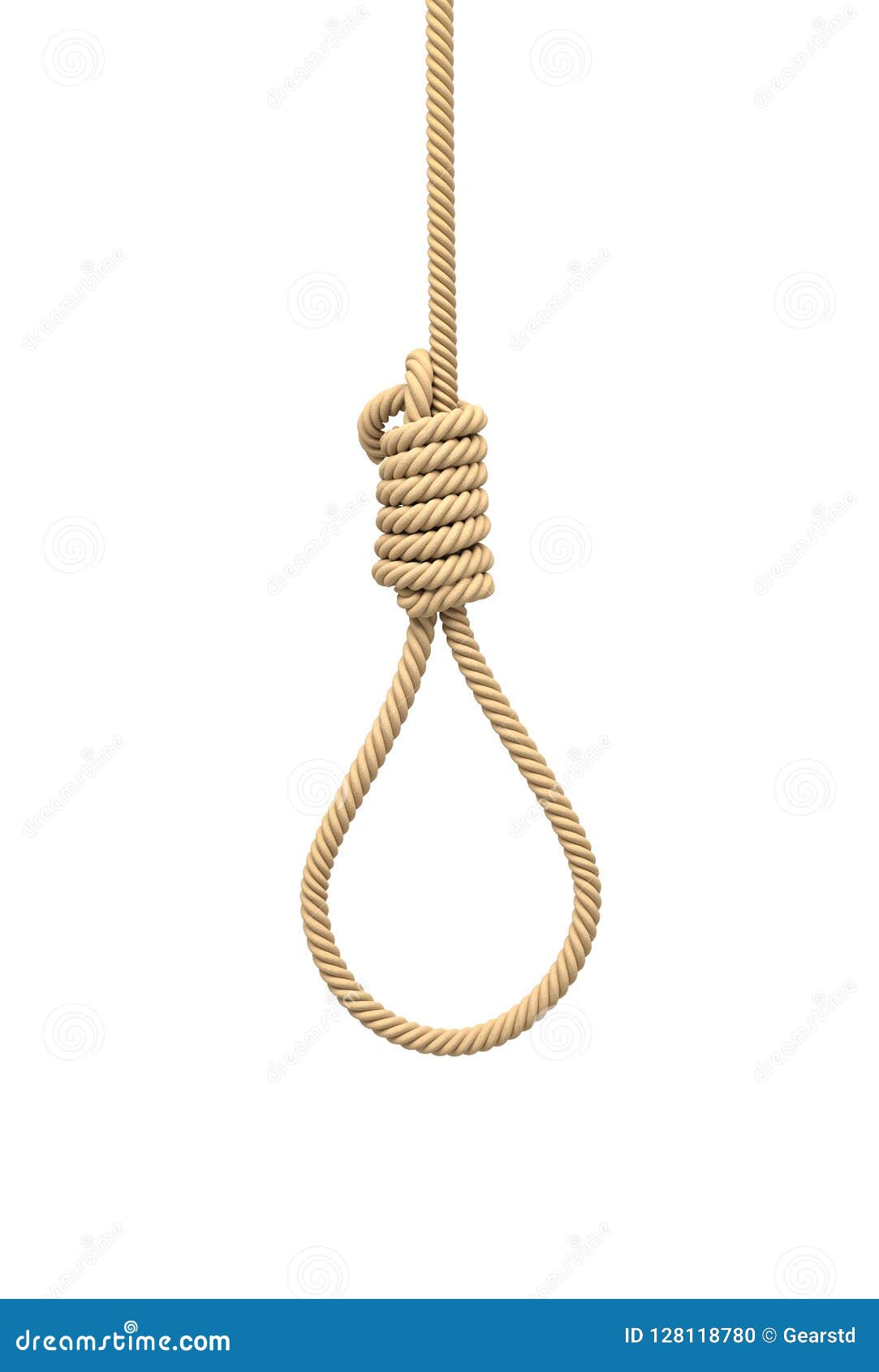3d rendering of a hangman`s noose made of natural beige rope hanging on a white background.