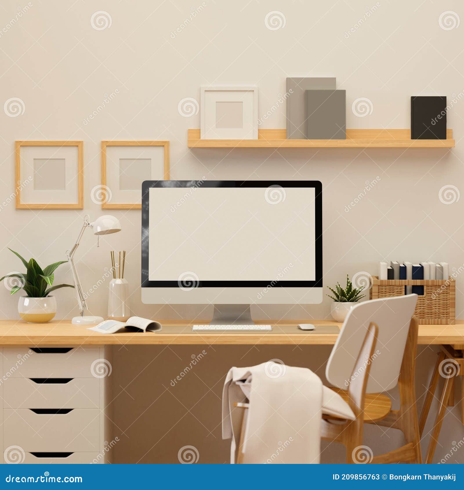 3D Rendering, Home Office Room with Computer, Supplies and Decorations ...