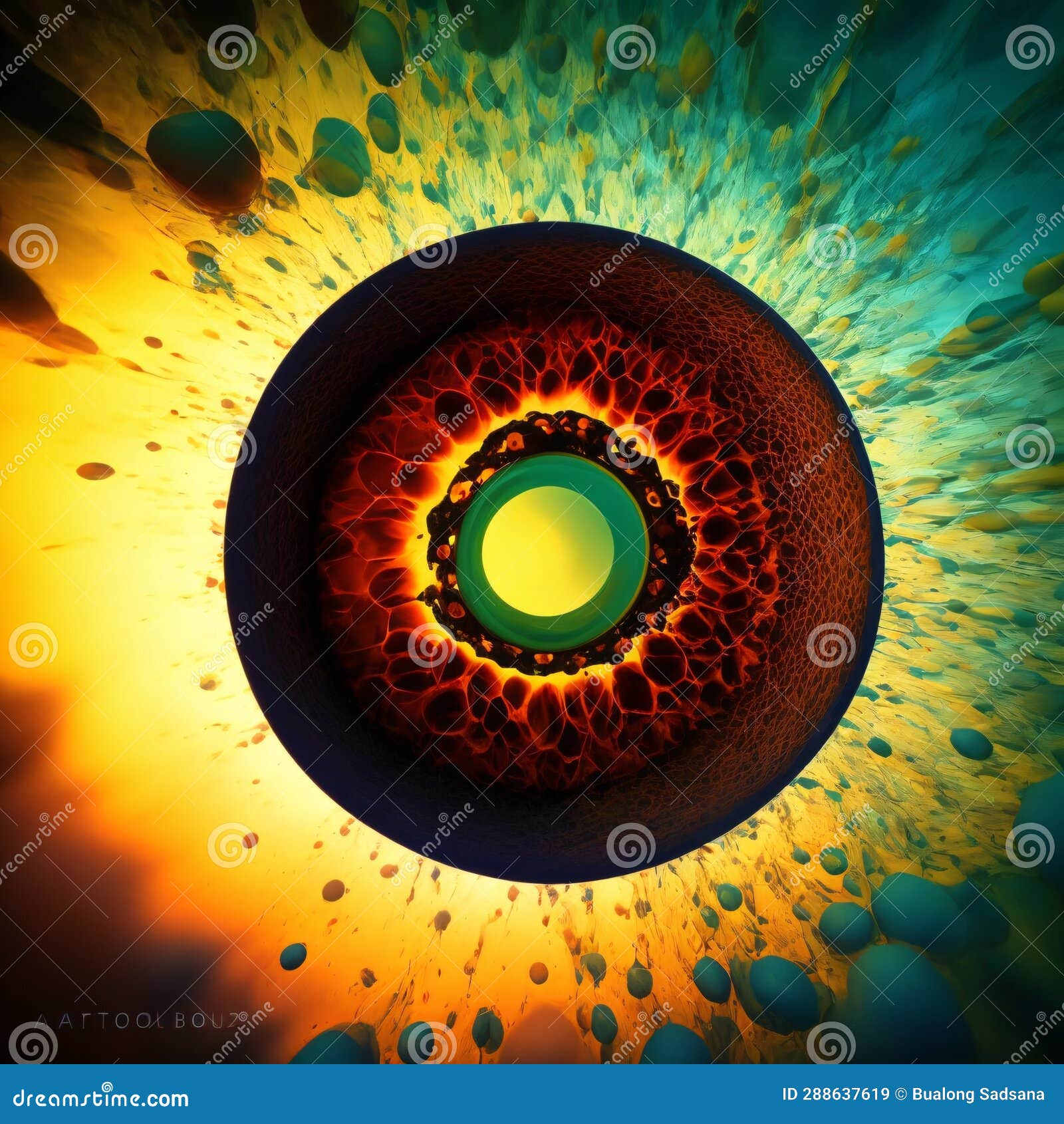 3d rendering of hucyborg cell or embryonic stem cell microscope background.