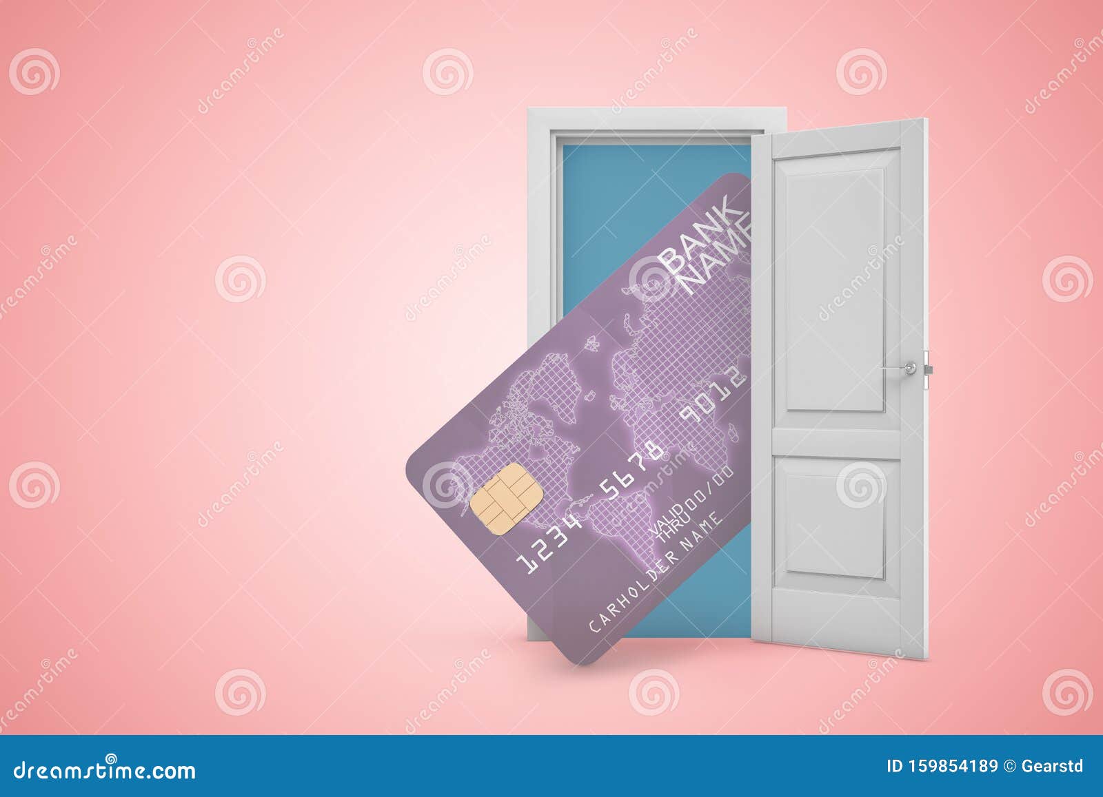 3d Rendering Of Huge Credit Card Emerging From Open Door On Pink
