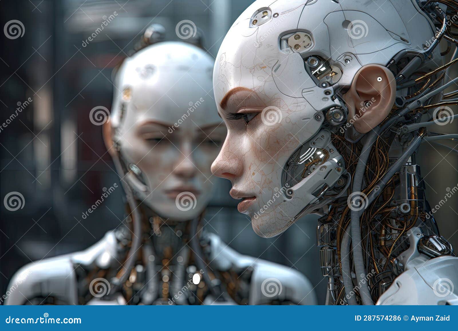 3d Rendering of Human Robot Portraits on Blurred Factory Background with Copy Space