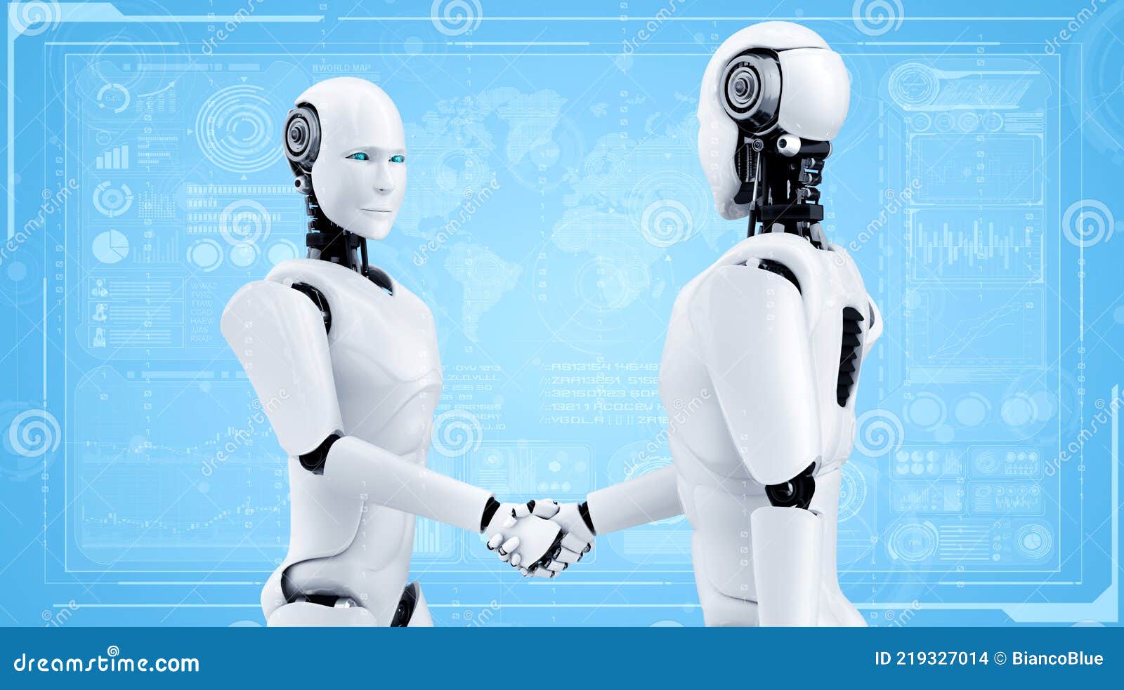 3D Rendering Humanoid Robot Handshake To Collaborate Future Technology