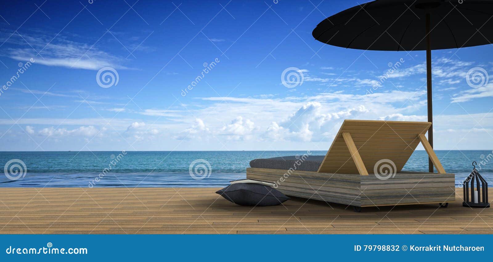 3d rendering :  of beach lounge - sundeck and sea view for vacation and summer on brown wooden floor.minimalism