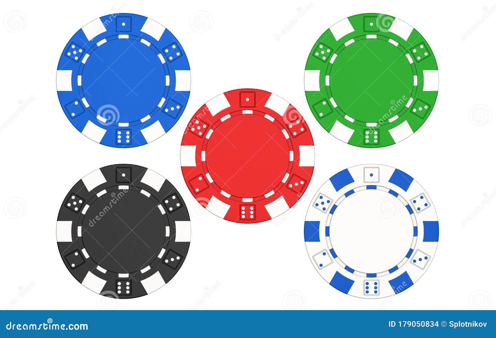 3D Rendering Illustration of Five Poker Chips Isolated on White