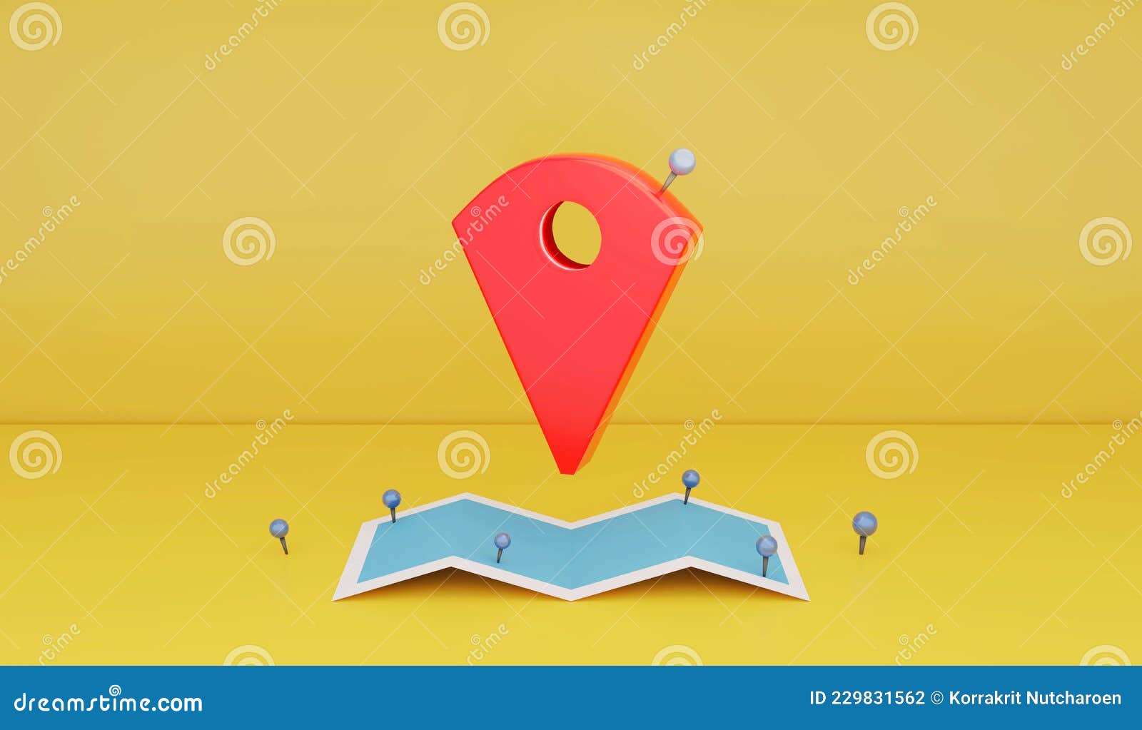 3d rendering :  of locator mark of map and location pin or navigation icon sign on paper map. yellow background. navig