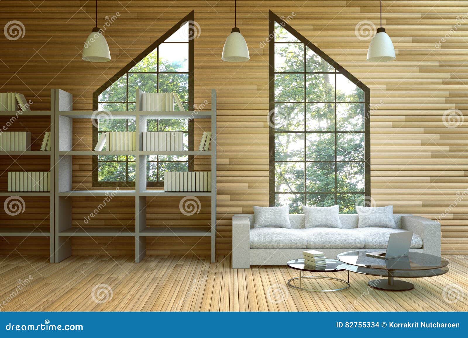 3D Rendering Illustration Of Wooden House Interiorliving Room