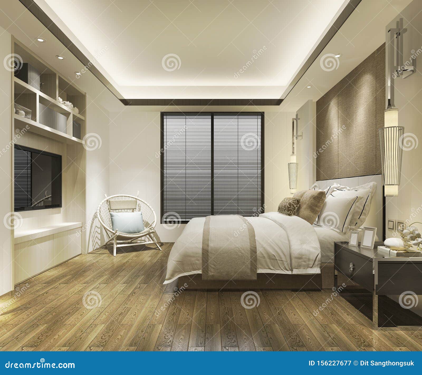 3d Rendering Contemporary Wood Bedroom With Built In Bookshelf