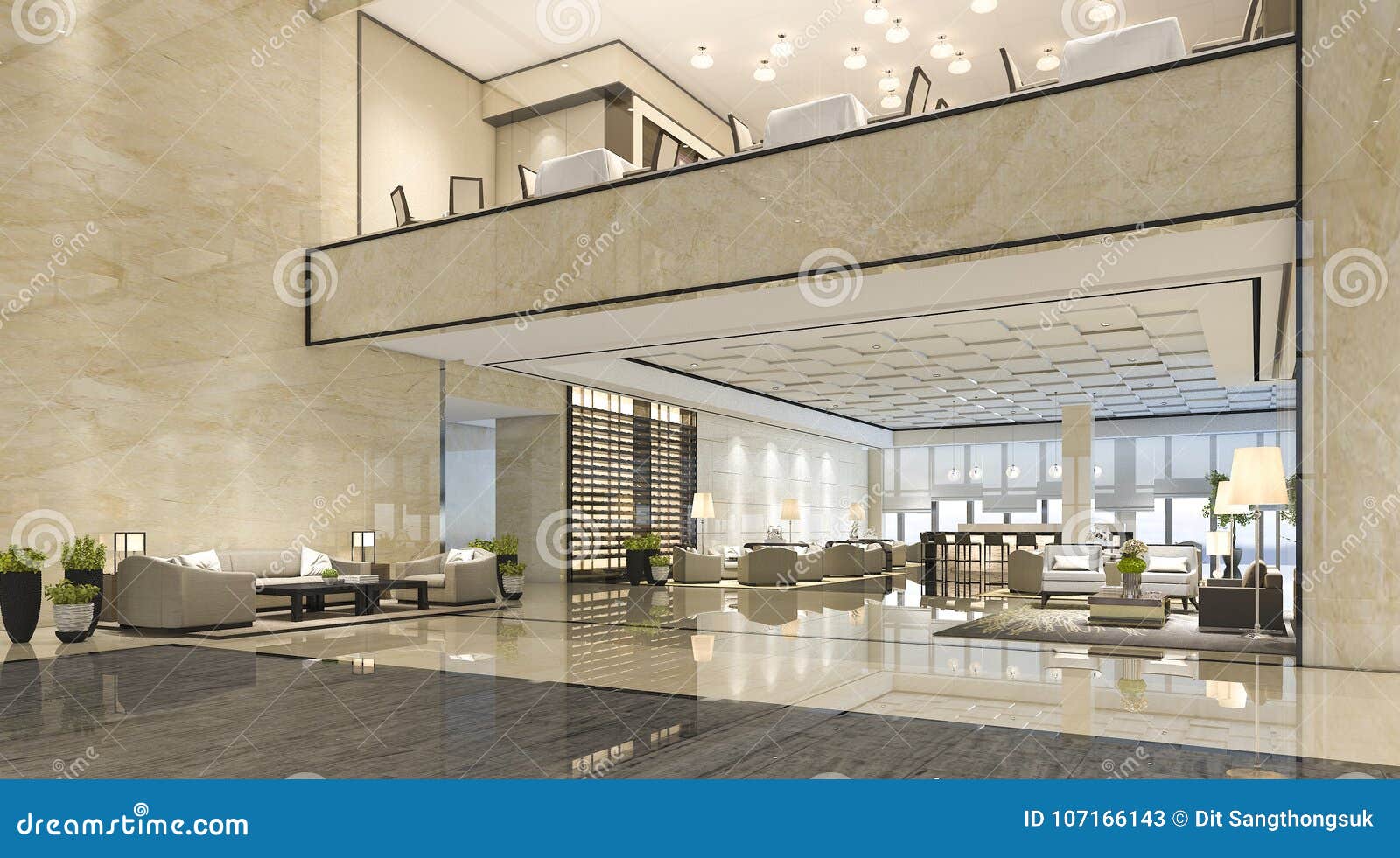 3d Rendering Luxury Hotel Reception Hall and Lounge Restaurant Stock
